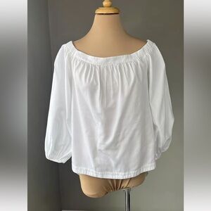 BCBGMaxazria White Off Shoulder Balloon Sleeve Tuxedo Tail Peasant Top XS S